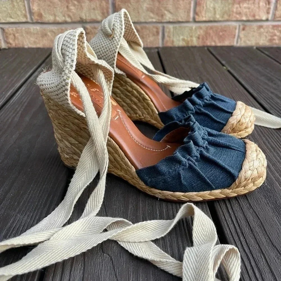 BCBGMaxAzria Shoes - BCBG MaxAzria Denim  Platform Basket
Weave Wedge Heels Ankle Wrap Size 8.5